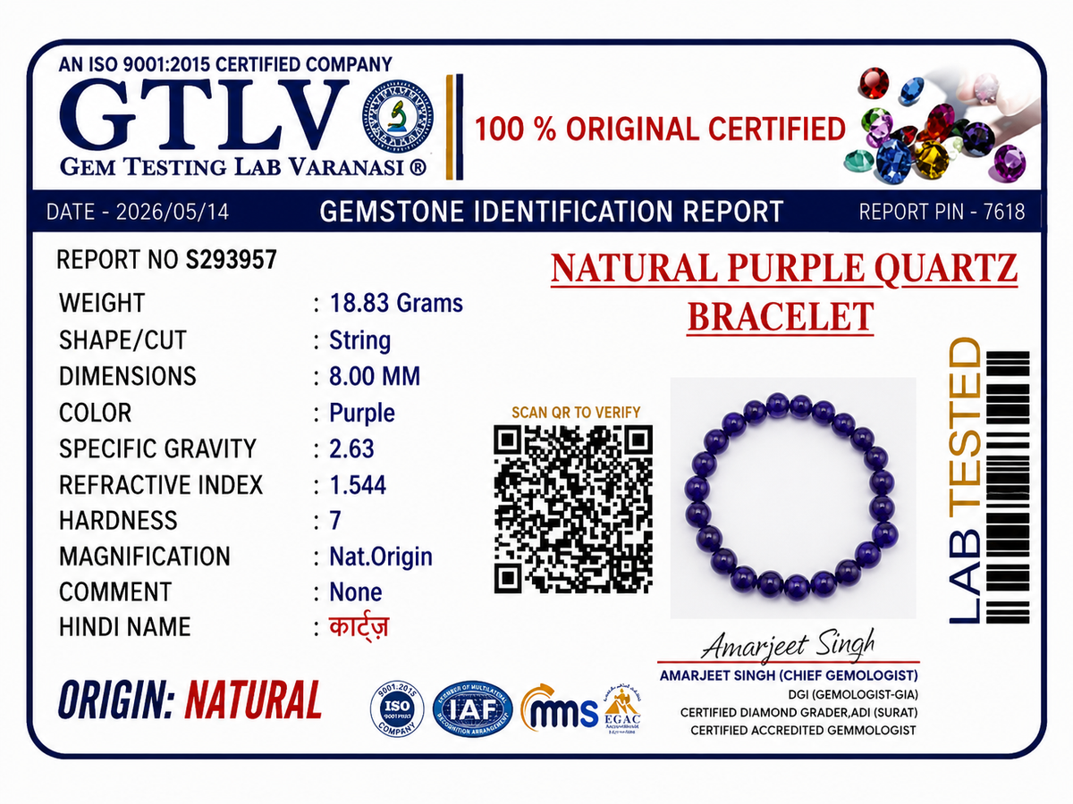 Natural Purple Quartz Bracelet 8MM | Premium Amethyst Crystal Bracelet for Peace & Intuition