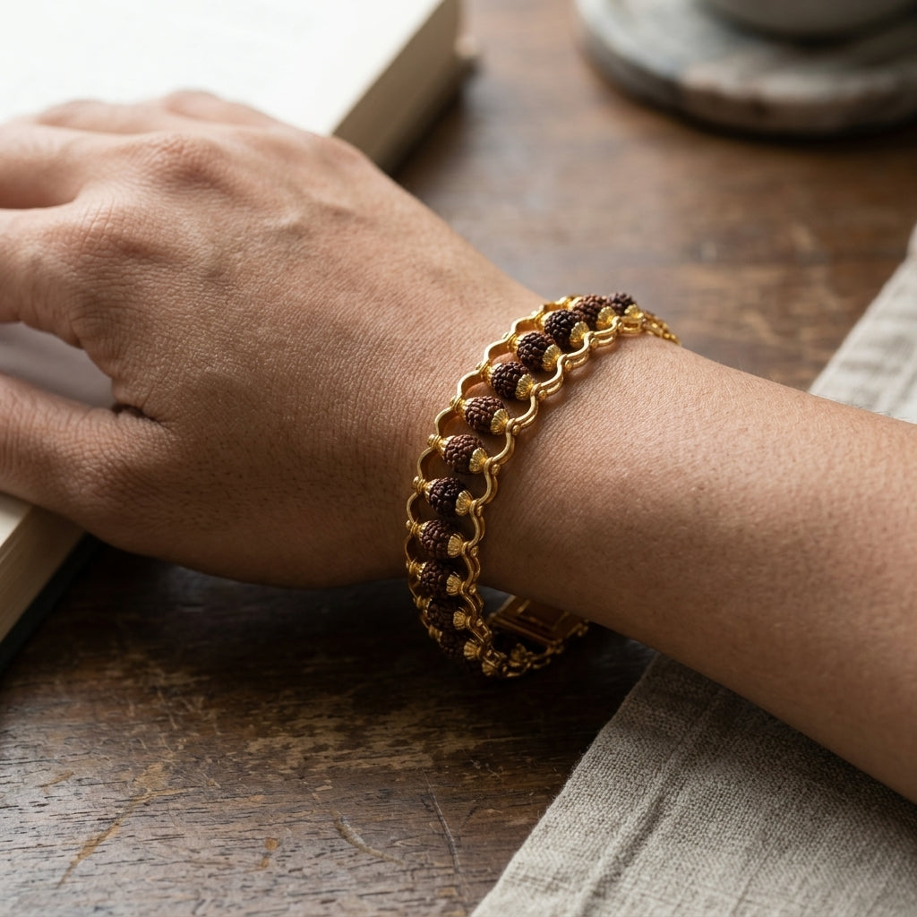 Gold Plated Modern Rudraksha Bracelet (Brass) | Premium Brass Rudraksha Bracelet for Spiritual Style, Daily Wear and Positive Energy