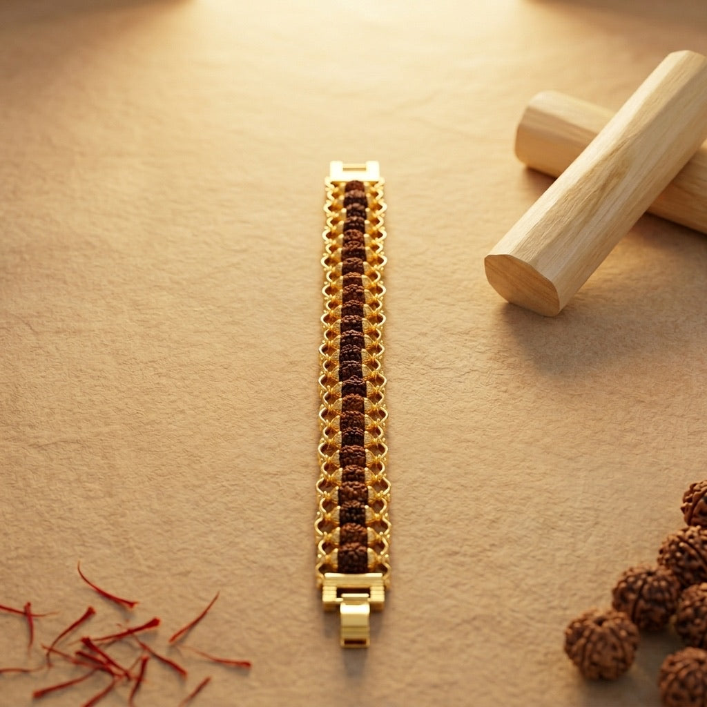 Gold Plated Modern Rudraksha Bracelet | Stylish Rudraksha Bracelet with Gold-Plated Iron Finish for Daily Wear, Spiritual Elegance and Positive Energy