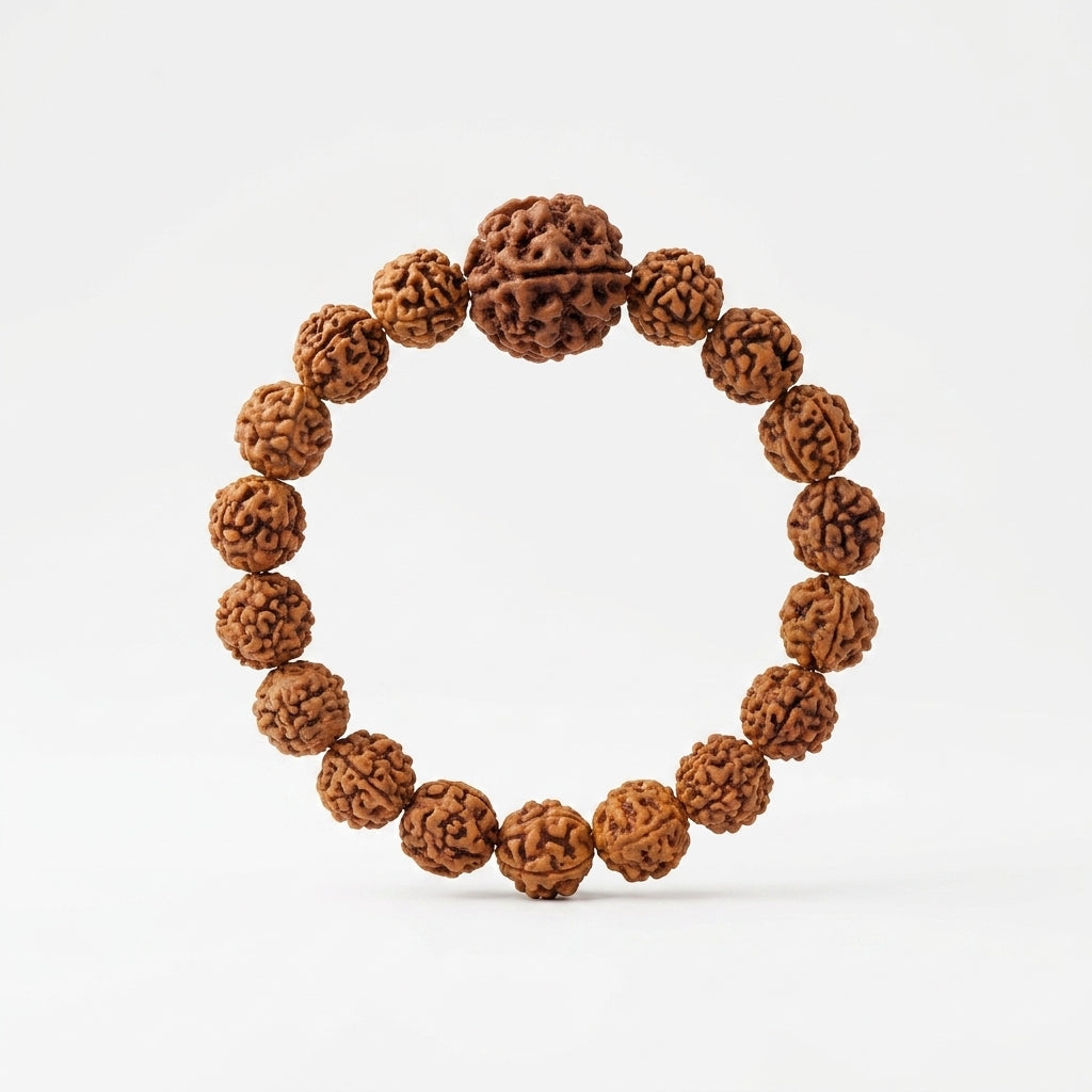 Natural Five Mukhi Rudraksha Bracelet with Premium Big Rudraksha Bead | Brown Elastic Bracelet