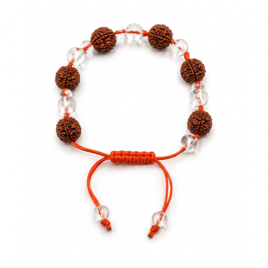Natural Five Mukhi Rudraksha & Crystal Glass Bracelet | Adjustable Spiritual Bracelet for Protection, Positivity & Daily Wear