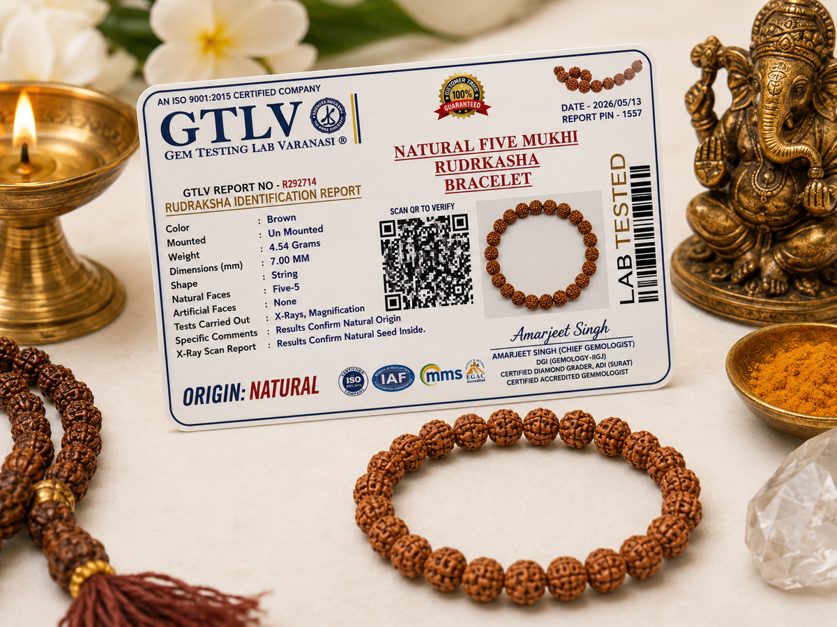 Natural 5 Mukhi Rudraksha Bracelet 7MM | Elastic Brown Beads | Spiritual Bracelet for Peace & Focus