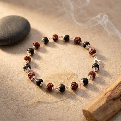 Karungali Rudraksha Bracelet in Metal | Natural Karungali & Rudraksha Bracelet with Premium Metal Finish