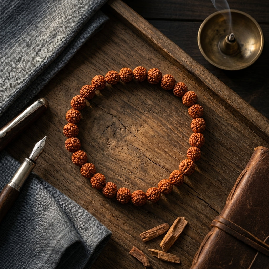 Natural 5 Mukhi Rudraksha Bracelet 7MM | Elastic Brown Beads | Spiritual Bracelet for Peace & Focus