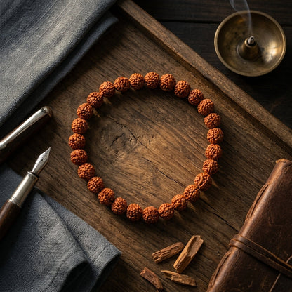 Natural 5 Mukhi Rudraksha Bracelet 7MM | Elastic Brown Beads | Spiritual Bracelet for Peace & Focus