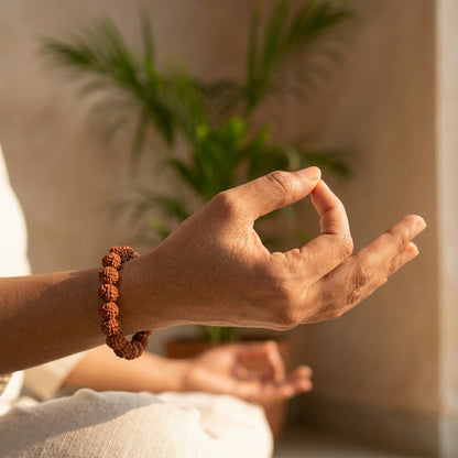 Natural 5 Mukhi Rudraksha Bracelet 7MM | Elastic Brown Beads | Spiritual Bracelet for Peace & Focus