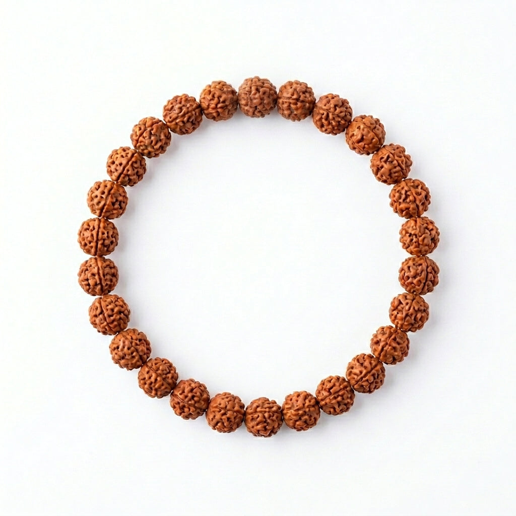 Natural 5 Mukhi Rudraksha Bracelet 7MM | Elastic Brown Beads | Spiritual Bracelet for Peace & Focus