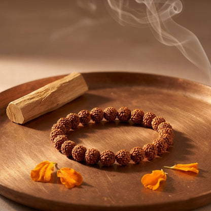 Natural 5 Mukhi Rudraksha Bracelet 7MM | Elastic Brown Beads | Spiritual Bracelet for Peace & Focus